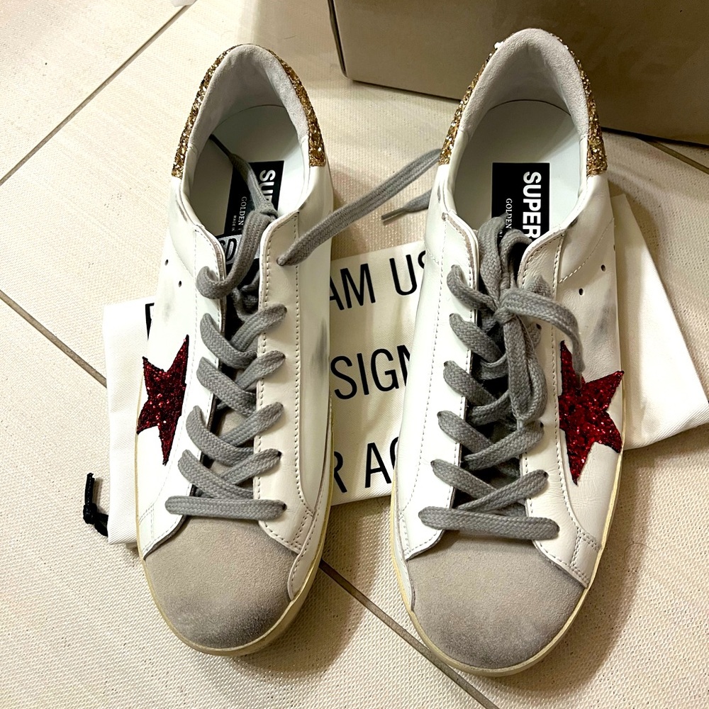 Golden Goose Superstar Sneakers White and Red Glitter Heel Sneakers Size 40 NWT